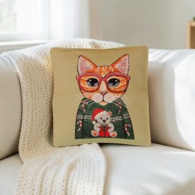 Zsályazöld díszpárna 45x45 – Ünnepi cica